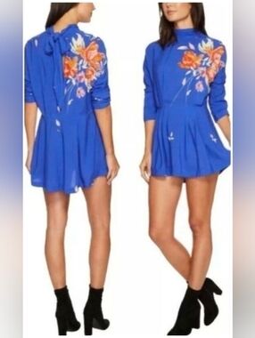 Free People Women’s Gemma Floral Tunic Royal Blue Mini Dress M